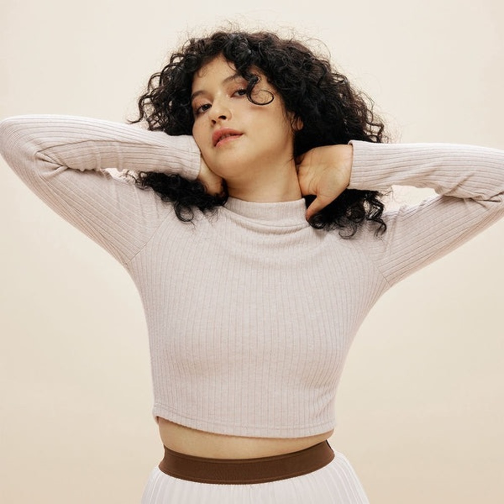 Cashmere-Like Thermal Mock Neck Crop Top, S, morganite